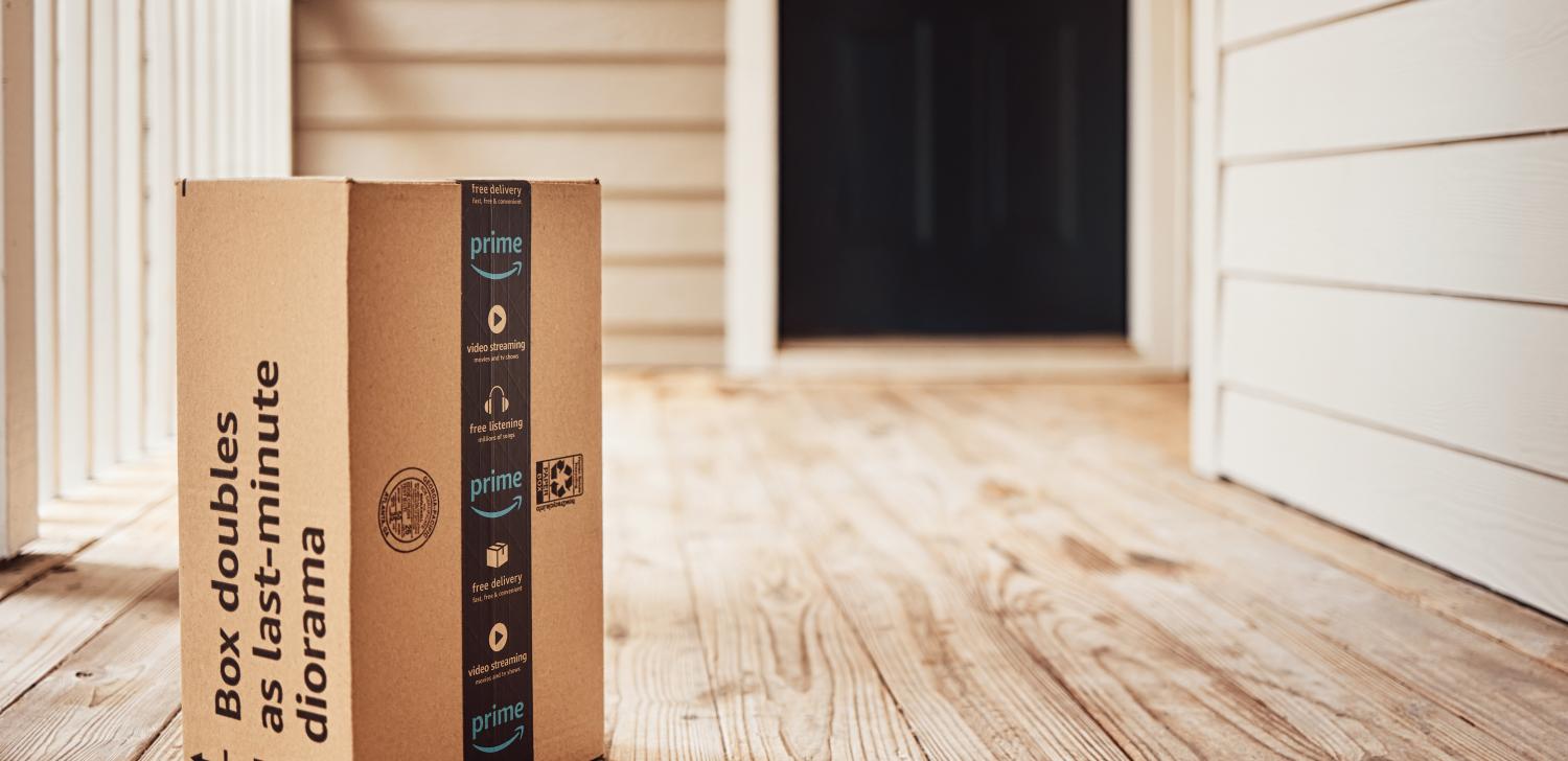 Amazon prime box on front steps